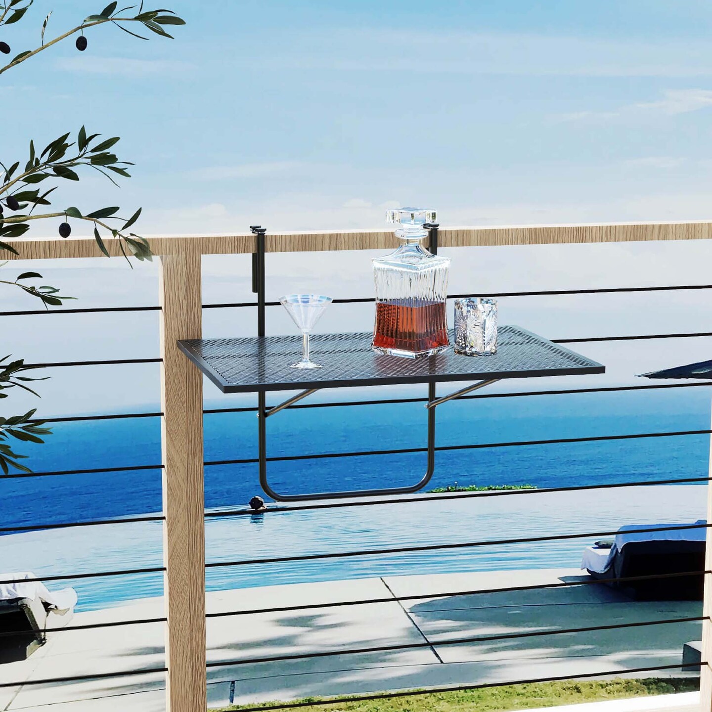 Balcony Railing Table with Adjustable Hooks Hanging Folding Deck Table Plant Stand