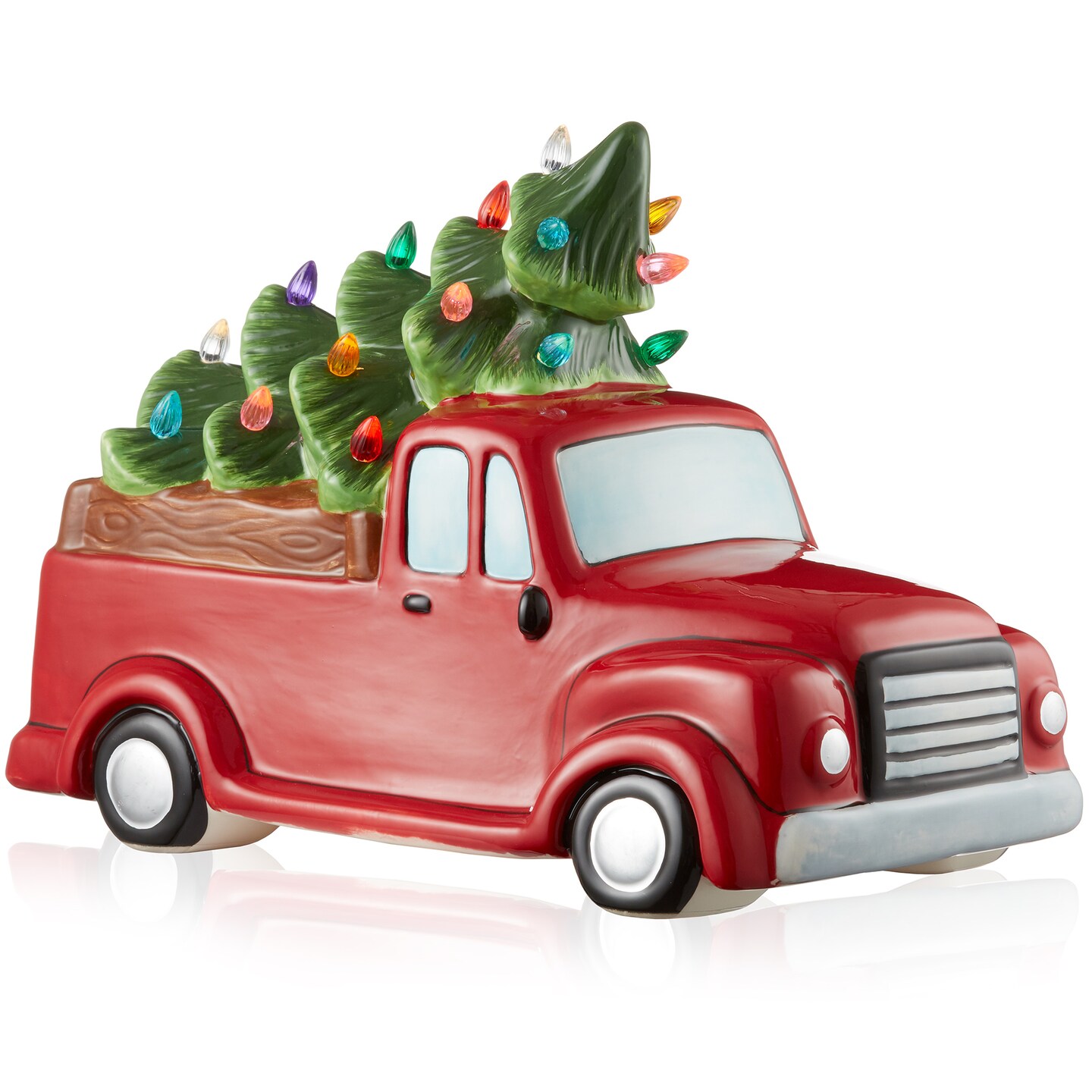 Casafield Hand Painted Ceramic Christmas Truck with Tree, Red Pre-Lit Truck with Green Tree and 20 Multi Color Lights