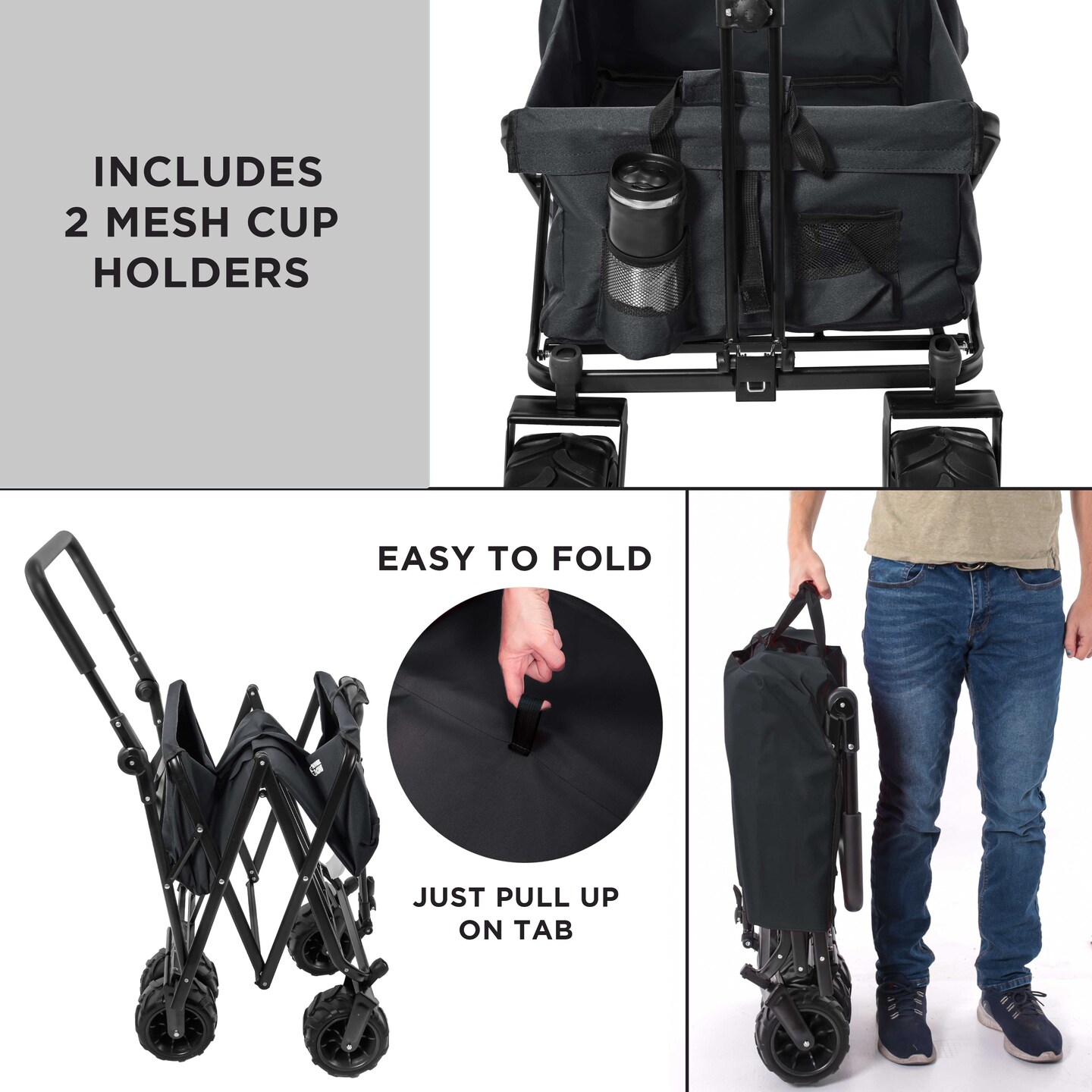 Black Wide Wheel Wagon All-Terrain Folding Collapsible Utility Wagon with Push Bar - Portable Rolling Heavy Duty 150 Lbs Capacity Canvas Fabric Cart