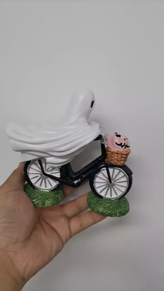 Ghoul Ghost-Riding a Bike w/ Pink Pumpkin Cute Halloween Decor Viral 15 CM
