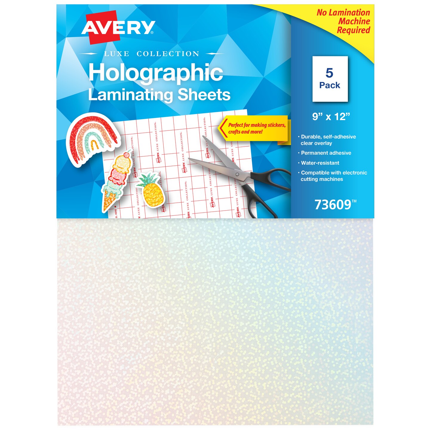 Avery Luxe Collection Holographic Laminating Sheets, Speckled Dots, 9&#x22; x 12&#x22;, Self-Adhesive, 5 Holographic Overlay Sheets Total (73609)