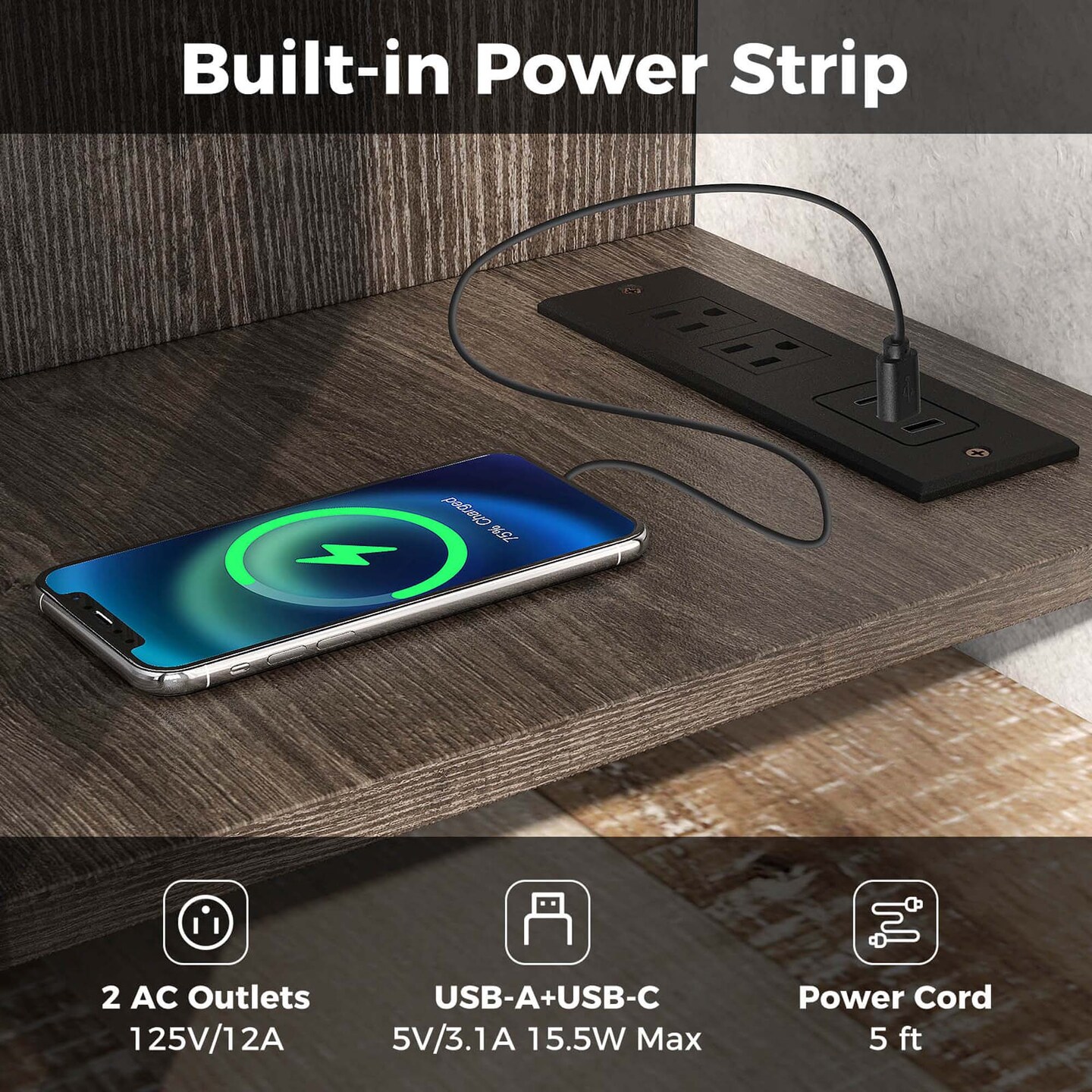 Costway TV Stand with Power Outlet USB &#x26; Type-C Port 3-tier TV Console Table Grey