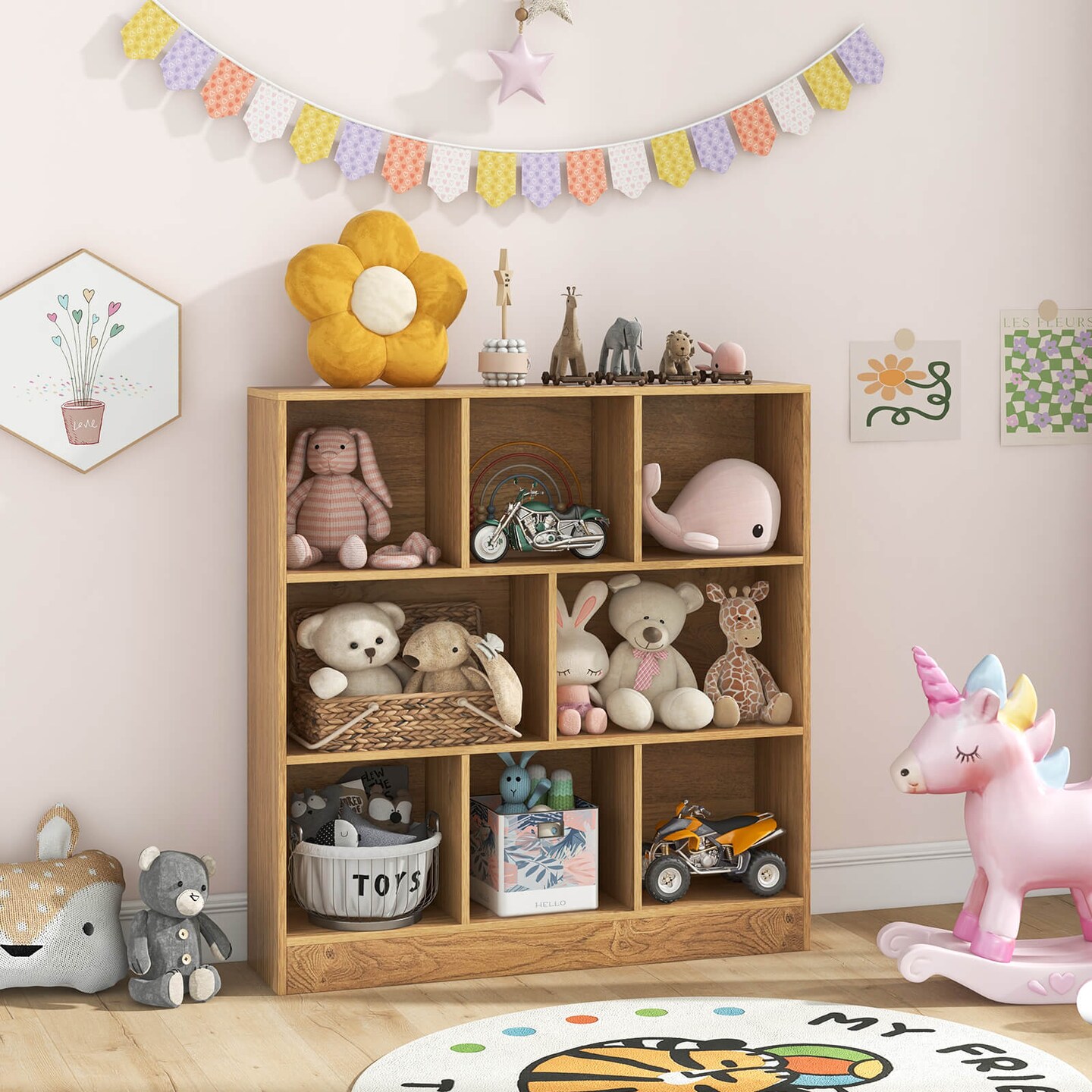 Costway 8-Cube Bookcase 41&#x22; Wooden Toy Storage Organizer for Kids Bookshelf Natural/White