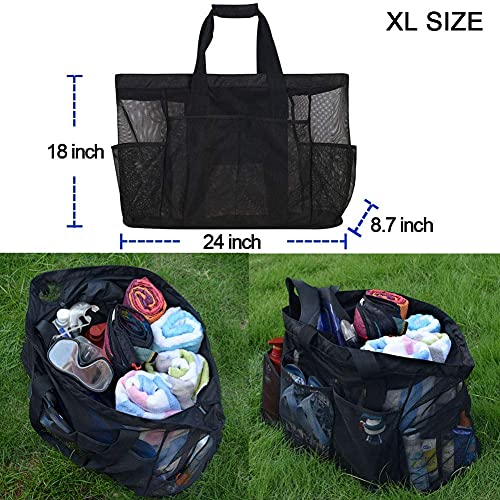 Extra Large Mesh Beach Bag with Zipper and Pockets - Oversized Duffle Tote for Towels and Beach Toys, Ideal for Family Beach/Pool Trips (Black)