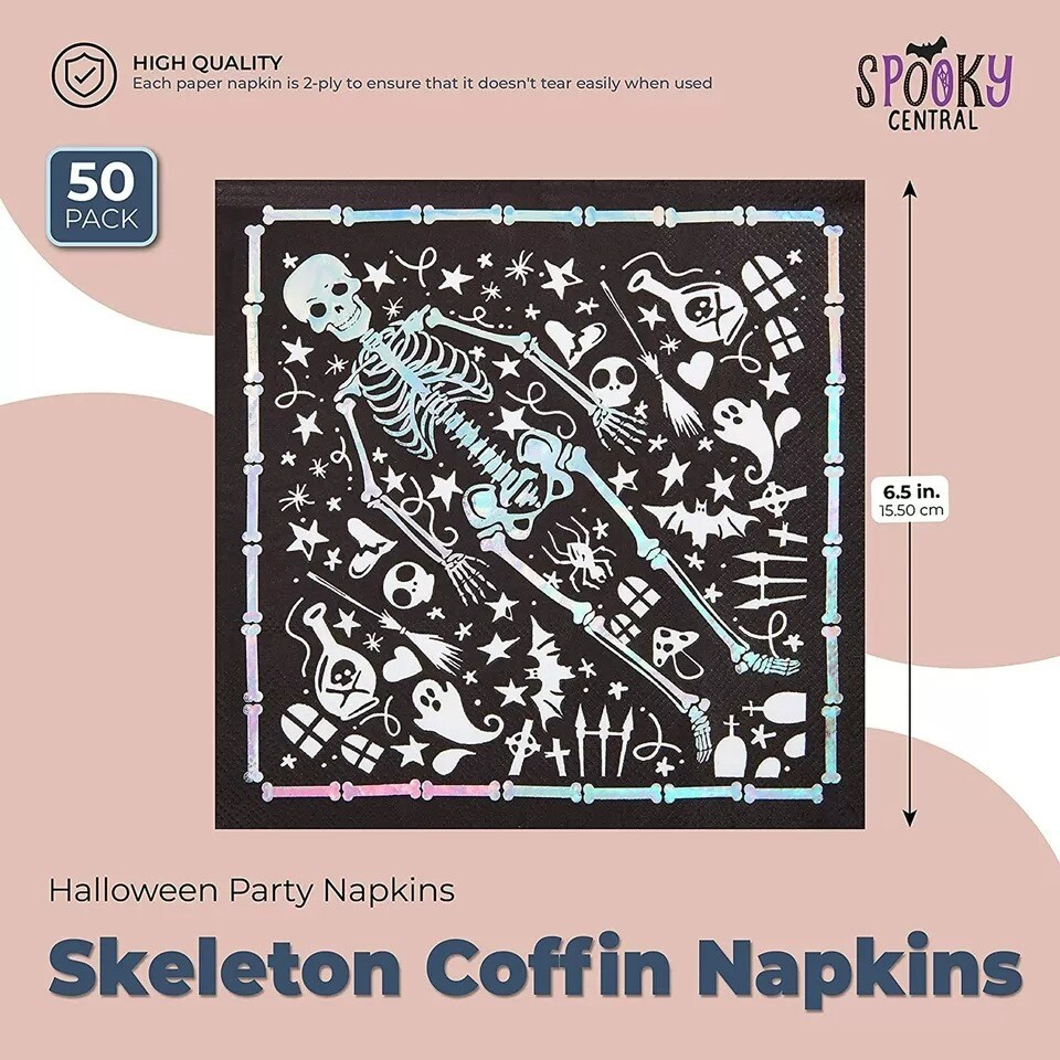50 Pack Halloween Paper Napkins, Skeleton Coffin Cocktail Party Supplies 6.5&#x201D;