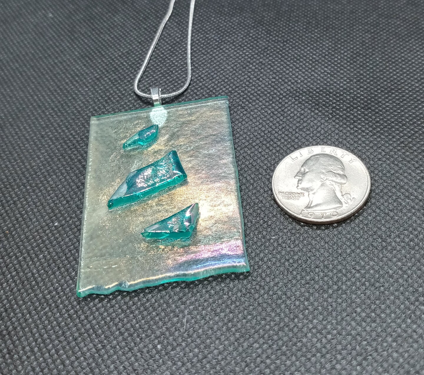 Abstract offers Teal Iridescent Glass Pendent With Silver Metal Artist Made