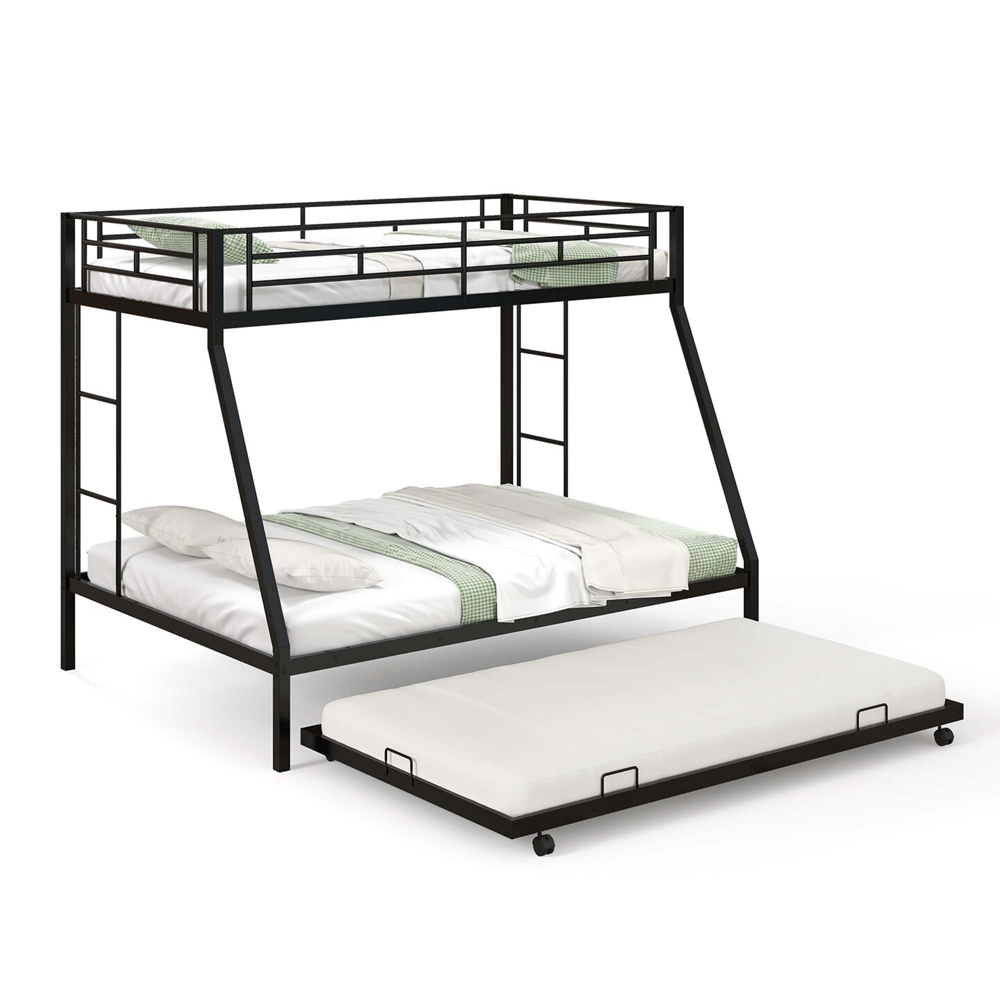 Costway Twin Over Full Metal Slats Bunk Bed Frame with Trundle, Guard Rail &#x26; Ladders White/Black