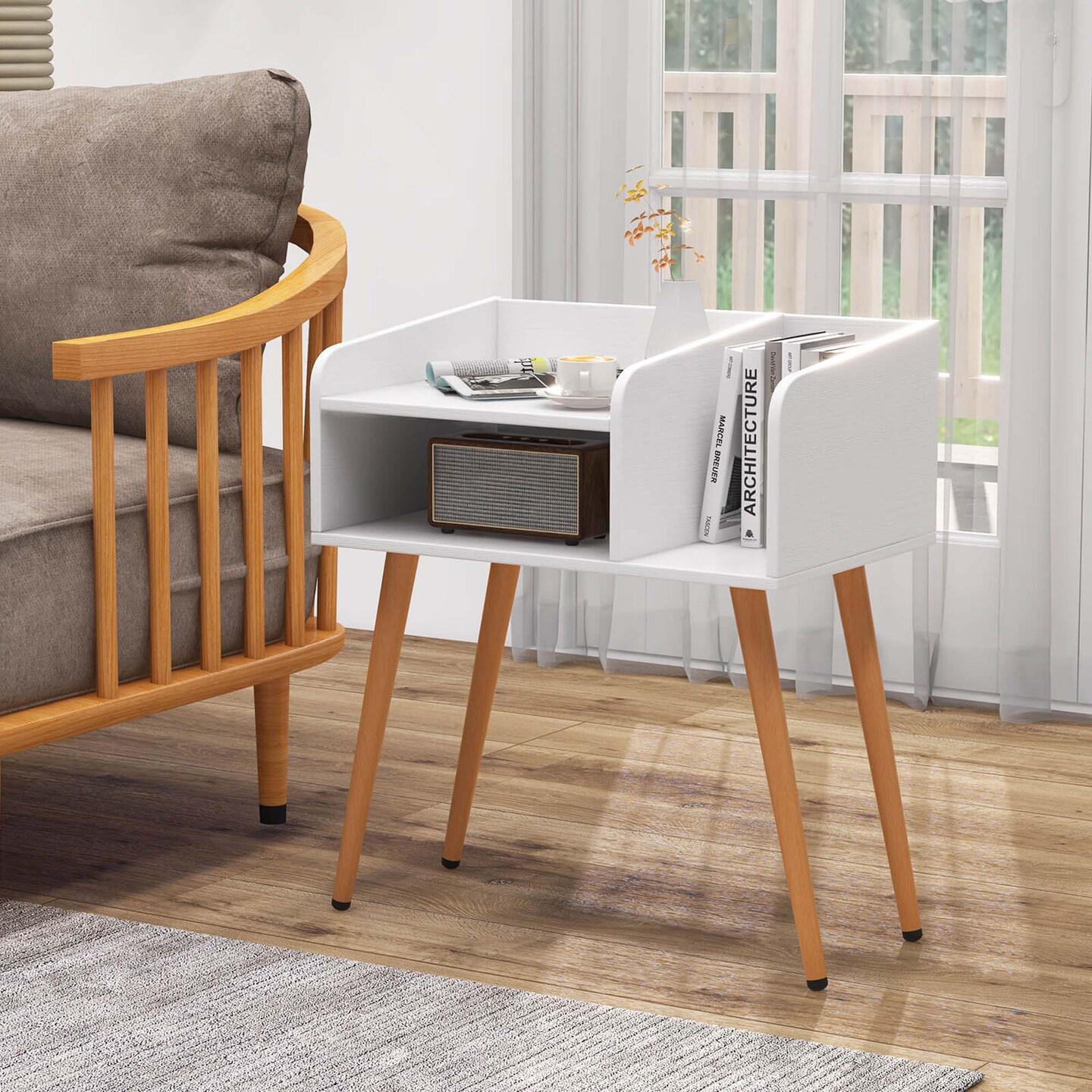 Costway Mid Century Modern End Table with Open Shelves Metal Support Legs for Bedroom White/Black/Coffee