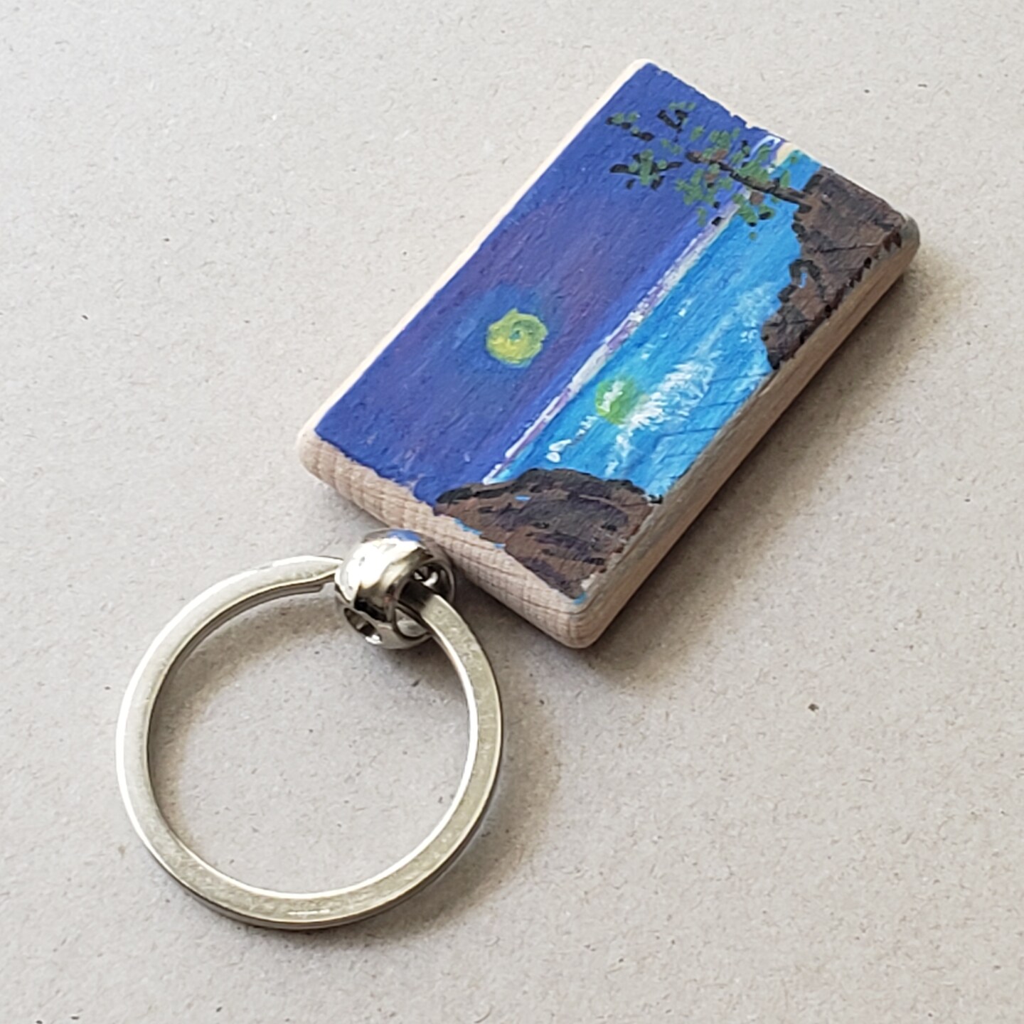Keychain handpainted - Rectangular - Acrylic Landscape Moon and