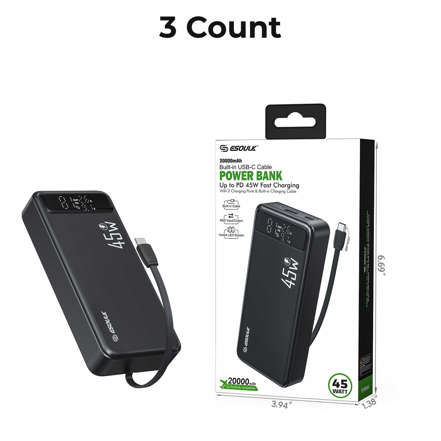 20000mAh PD 45W Built-in USB-C Cable Power Bank (12/48)