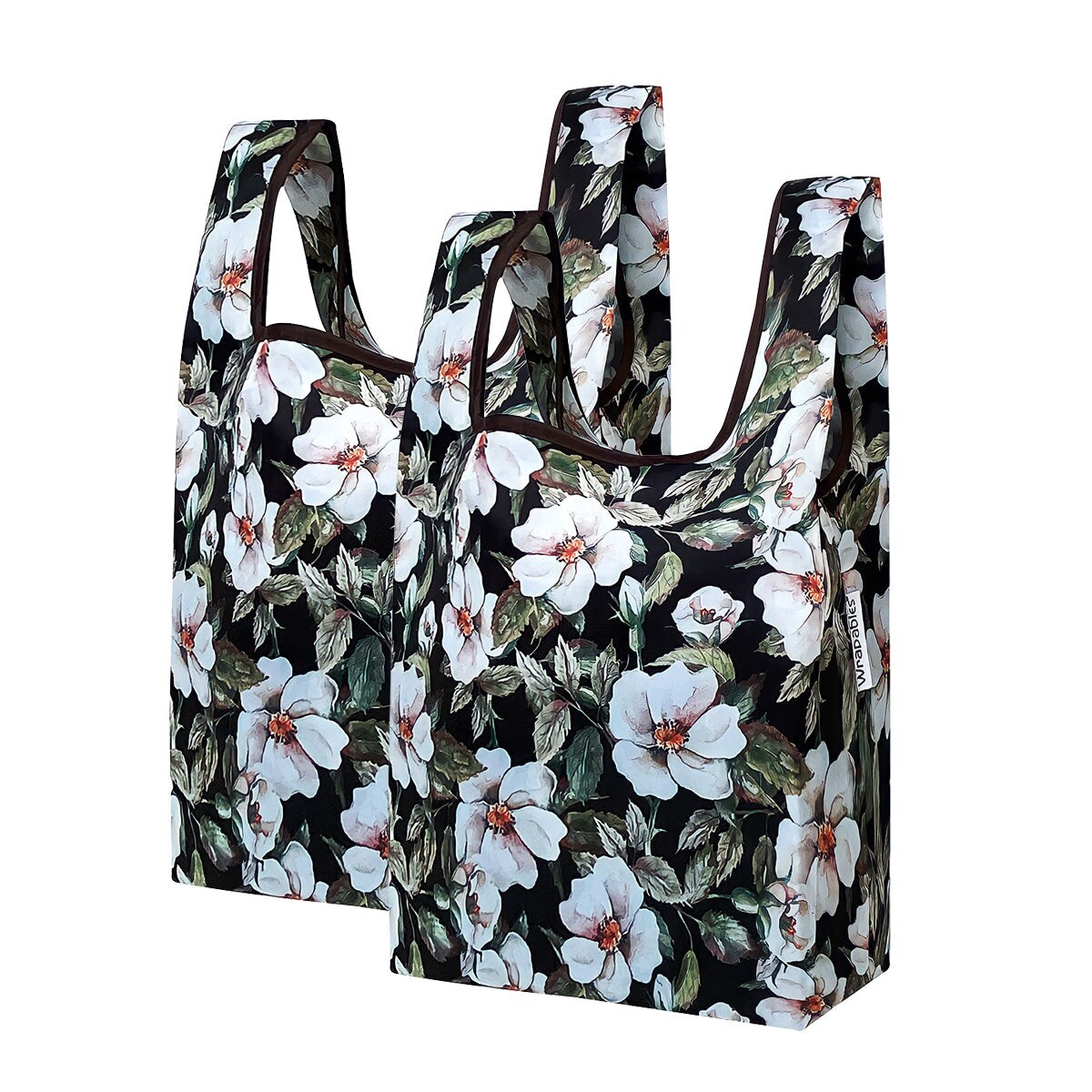 Wrapables Small JoliBag Nylon Reusable Grocery Bag, 2 Pack, White Flowers