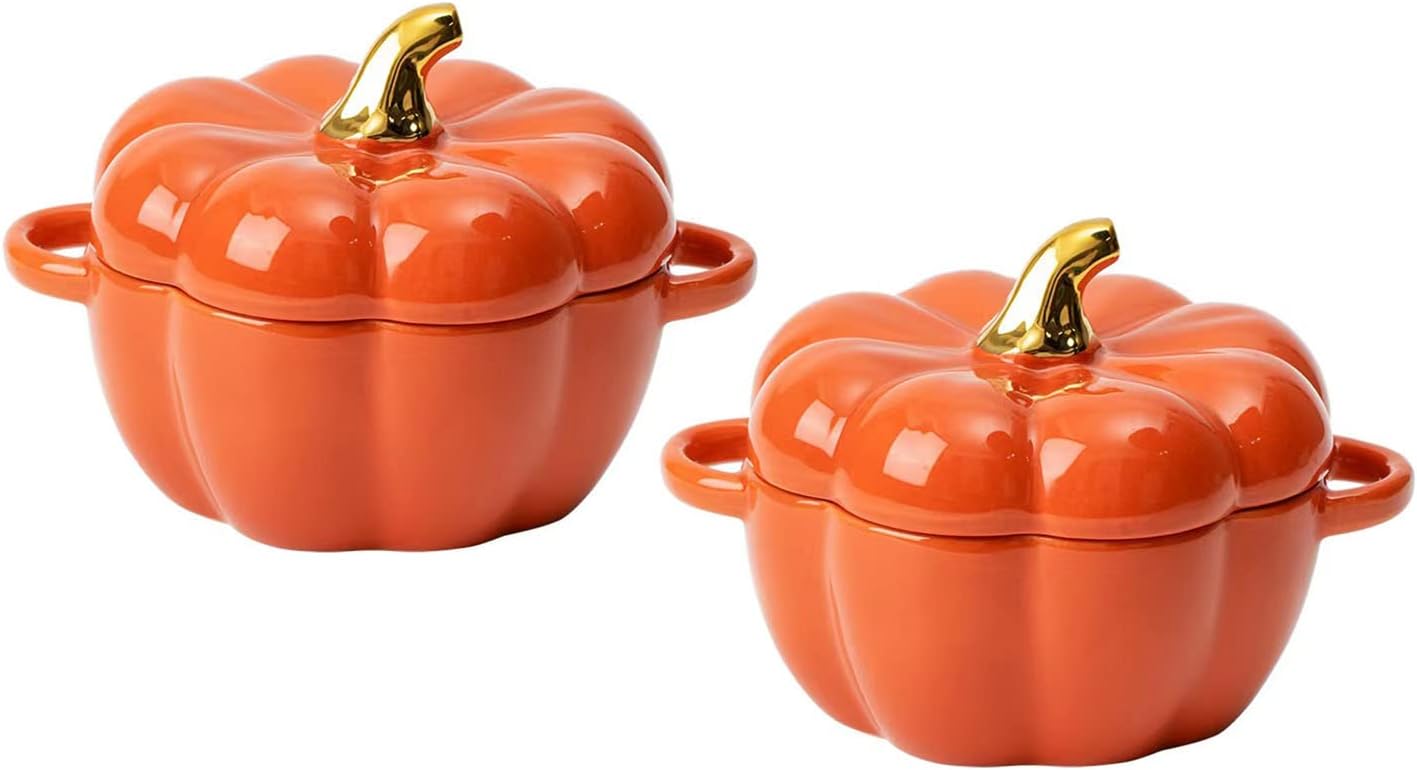 Oven-safe, stoneware, set of two pumpkin bowls with lids and handles, 14-ounce ceramic ramekins for baking, casserole dish individual Severing pot, orange