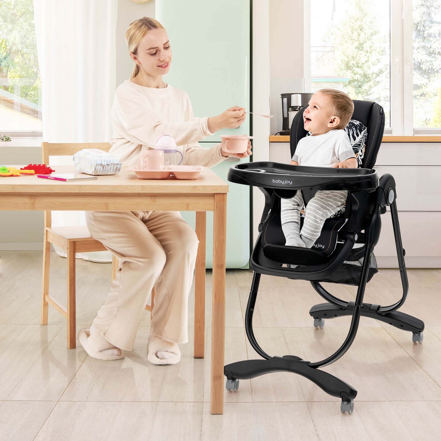 Costway High Chair for Babies & Toddlers with Rolling Wheels Adjustable Height Footrest White/Pink/Navy/Black