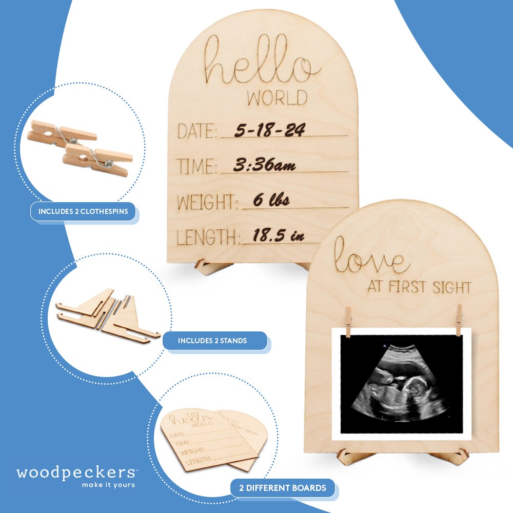 Baby Announcement Sign & Ultrasound Picture Frames Kit 8”, Nursery | Woodpeckers