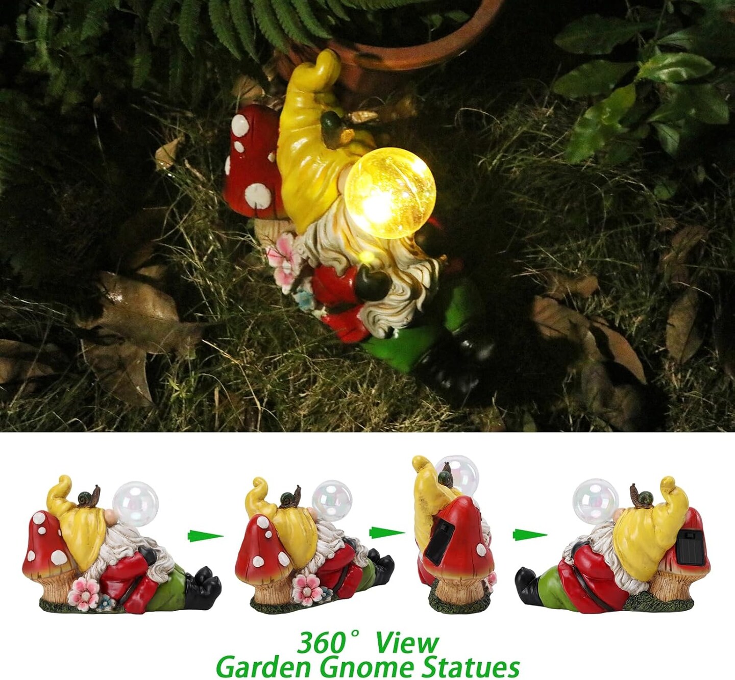 Garden Statue Gnome Outdoor Decor, Funny Gnome Figurine Lying on Mushroom with Crackle Glass Globe Lights, Waterproof Resin Gnome Ornament Tabletop Decorations for Porch Lawn Yard Decor