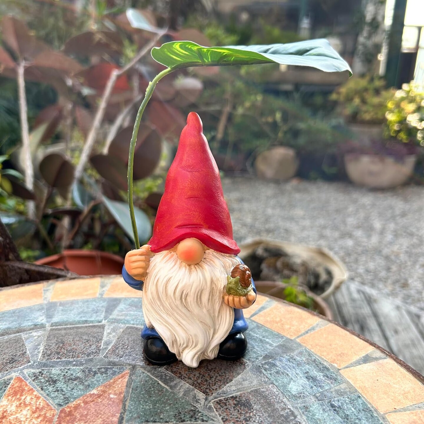 Garden Spring Statue Decoration with Leaf Umbrella, 6.5” Figurine Ornament for Indoor Outdoor Home Patio Yard Lawn