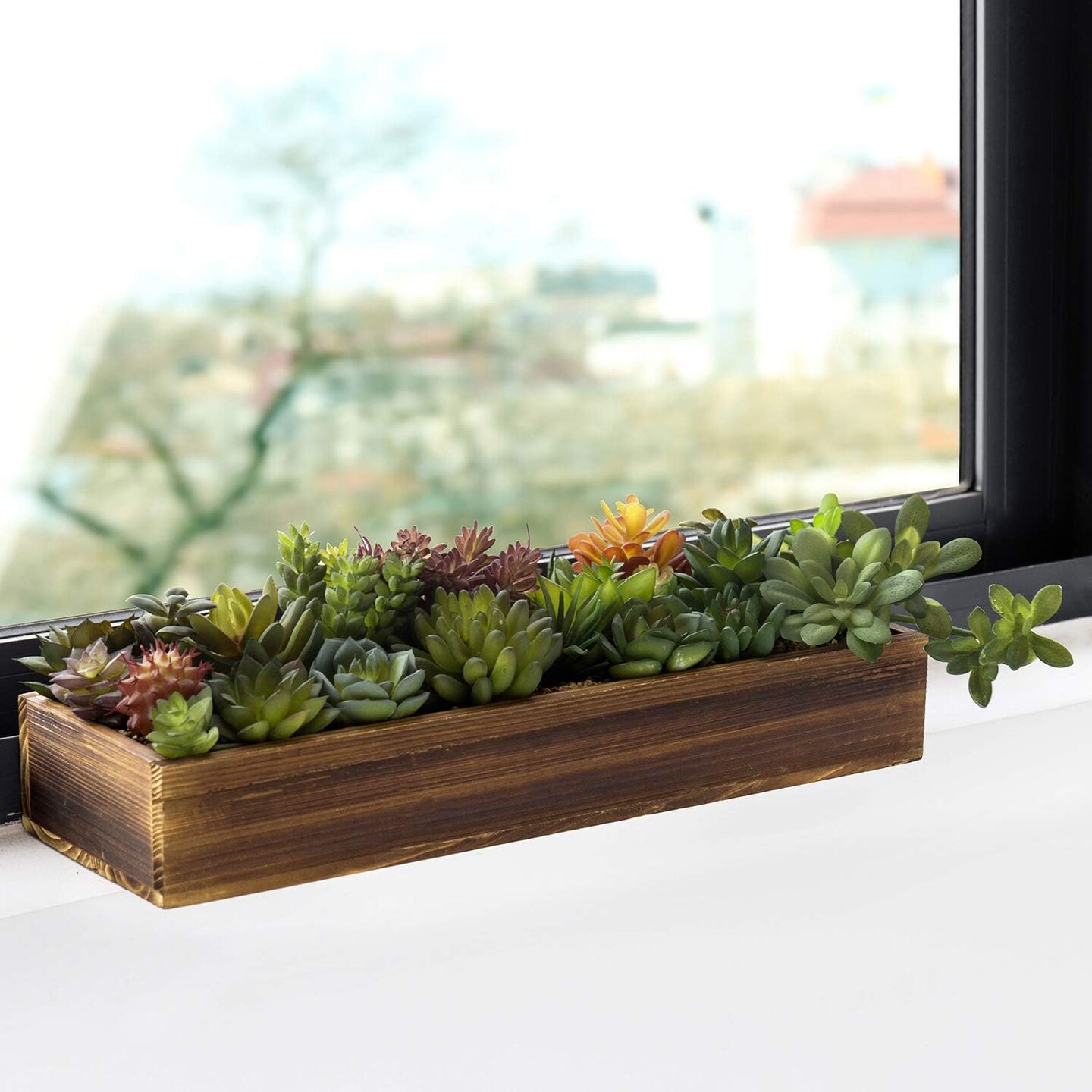 Artificial Succulent Centerpiece, 15.75 Inch Faux Succulents Arrangement Plants in Rustic Burnt Wood Rectangular Planter Box