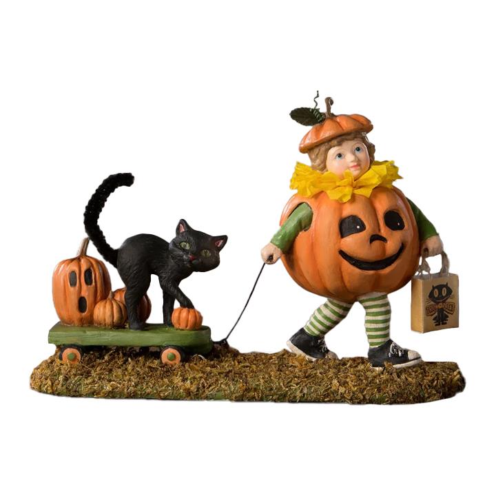Bethany Lowe Halloween Pumpkin Paige with Black Cat Wagon 5.5 Inch Figurine