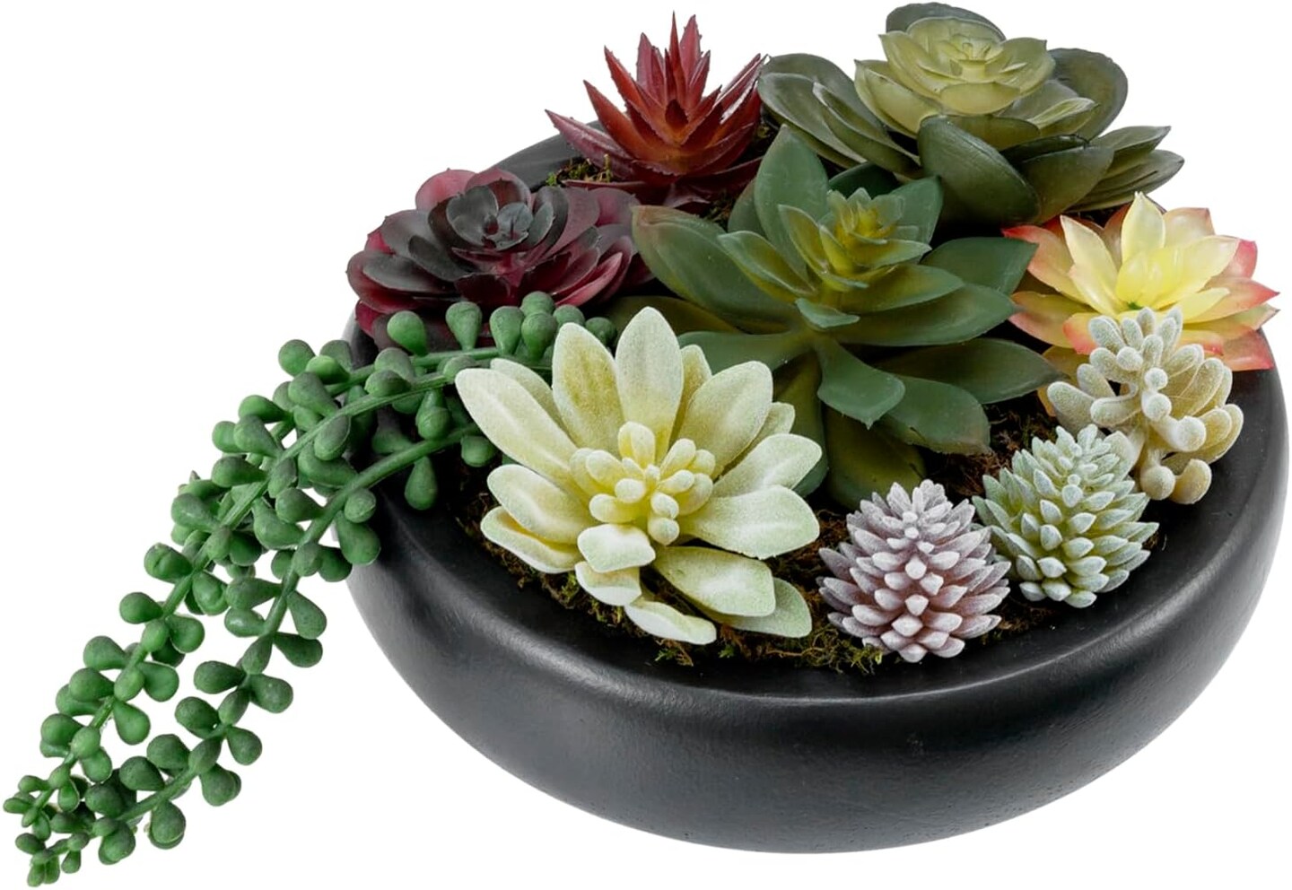 8-Inch Artificial Succulent Plant Arrangement, Assorted Fake Plants in Modern Black Round Concrete Planter Bowl