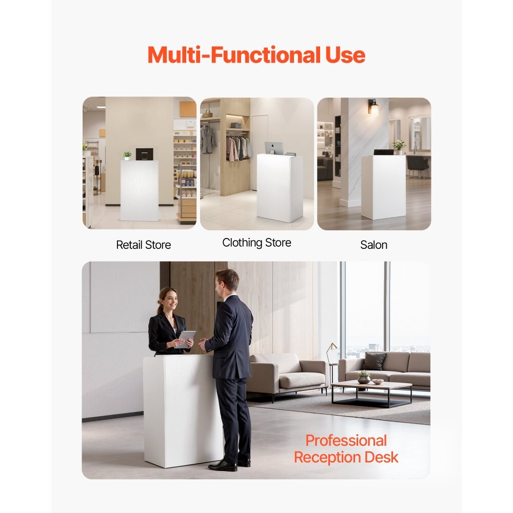 White Modern Reception Desk with Drawer, Rectangular Front Counter Table