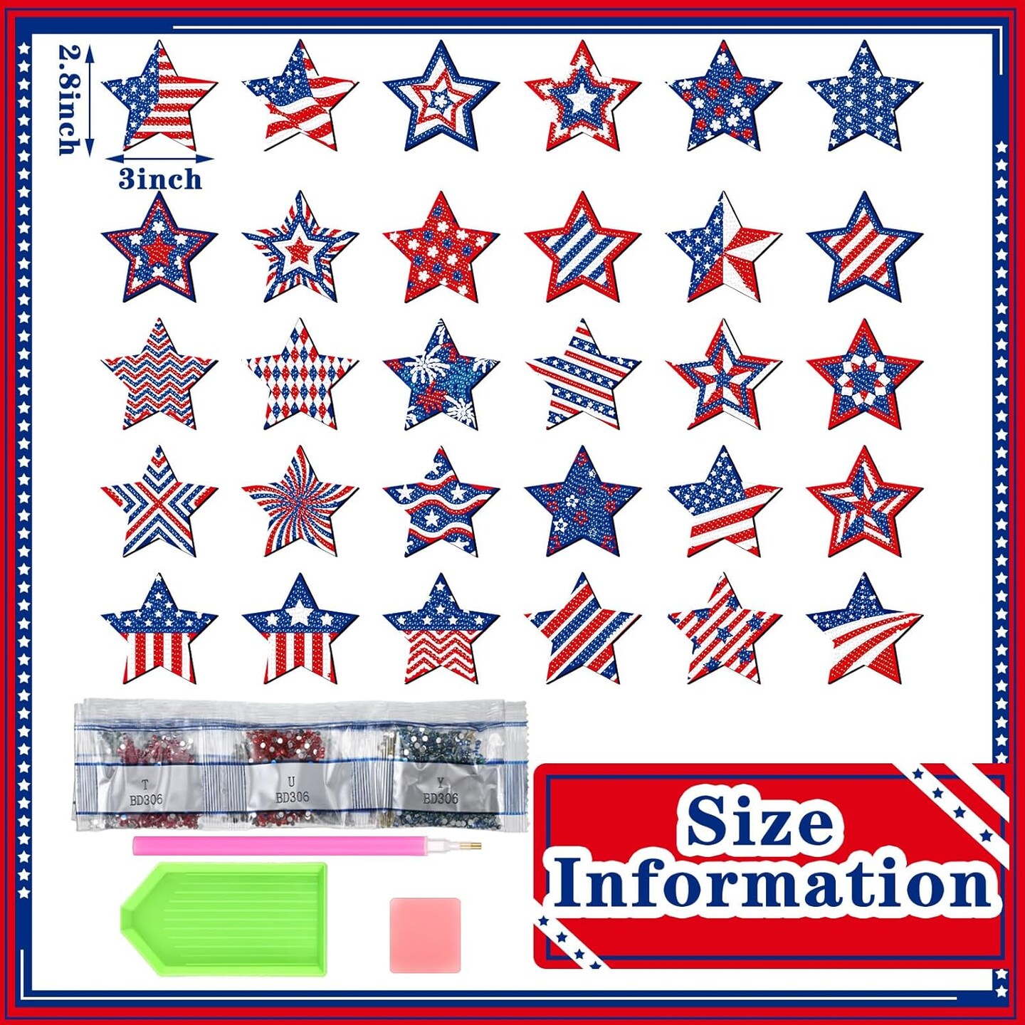 30 Pcs 4th of July Diamond Art Magnets Patriotic 4th of July Refrigerator Diamond Art Magnet Independence Day Star American Flag Decors Memorial Day Decorations