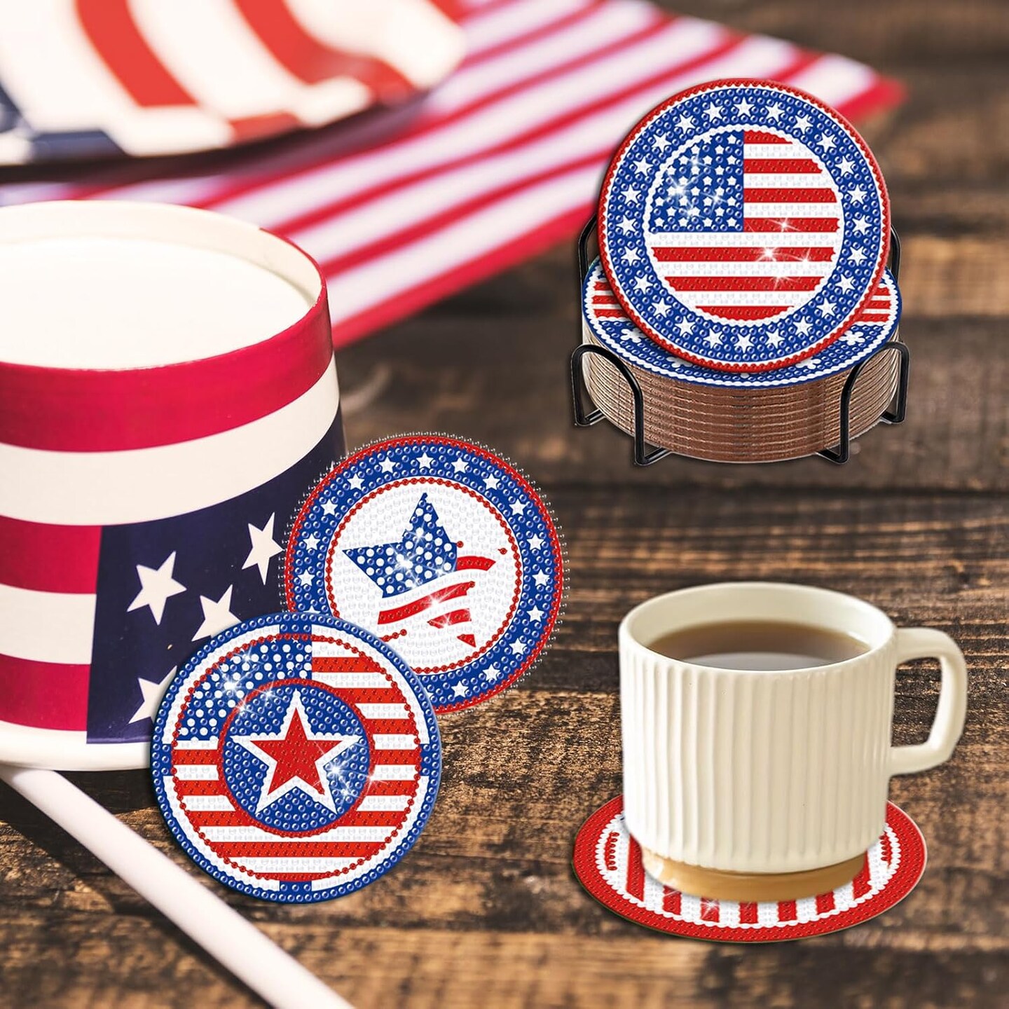 8 Pcs Patriotic Diamond Coasters with Holder DIY 4th of July Diamond Art Coasters