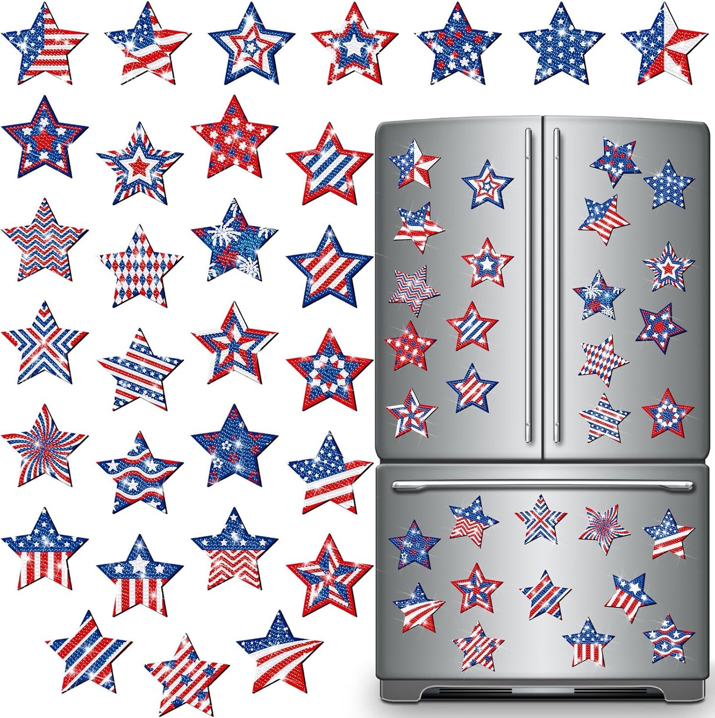 30 Pcs 4th of July Diamond Art Magnets Patriotic 4th of July Refrigerator Diamond Art Magnet Independence Day Star American Flag Decors Memorial Day Decorations