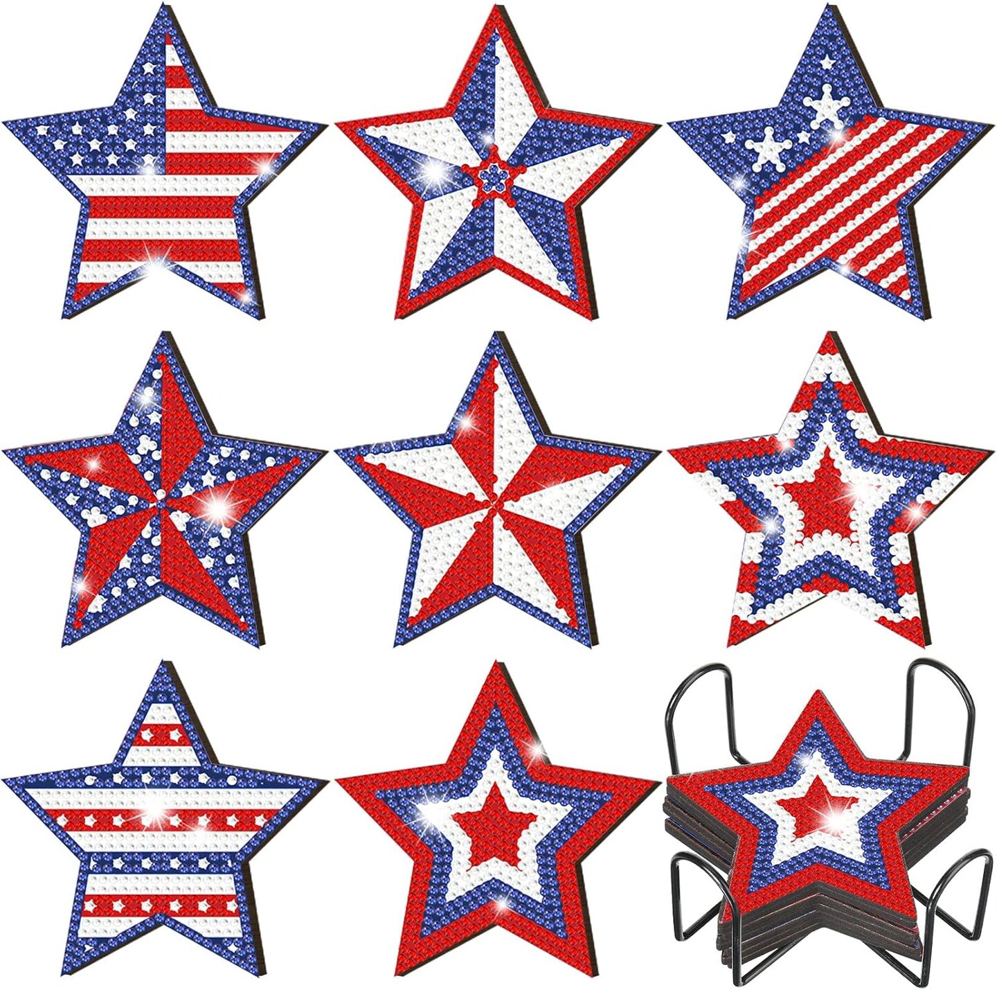 8 Pcs 4th of July Patriotic Diamond Art Coasters Memorial Day Star Diamond Painting Coasters with Holder Red White Blue Independence Day Rhinestones Gem Art Kit