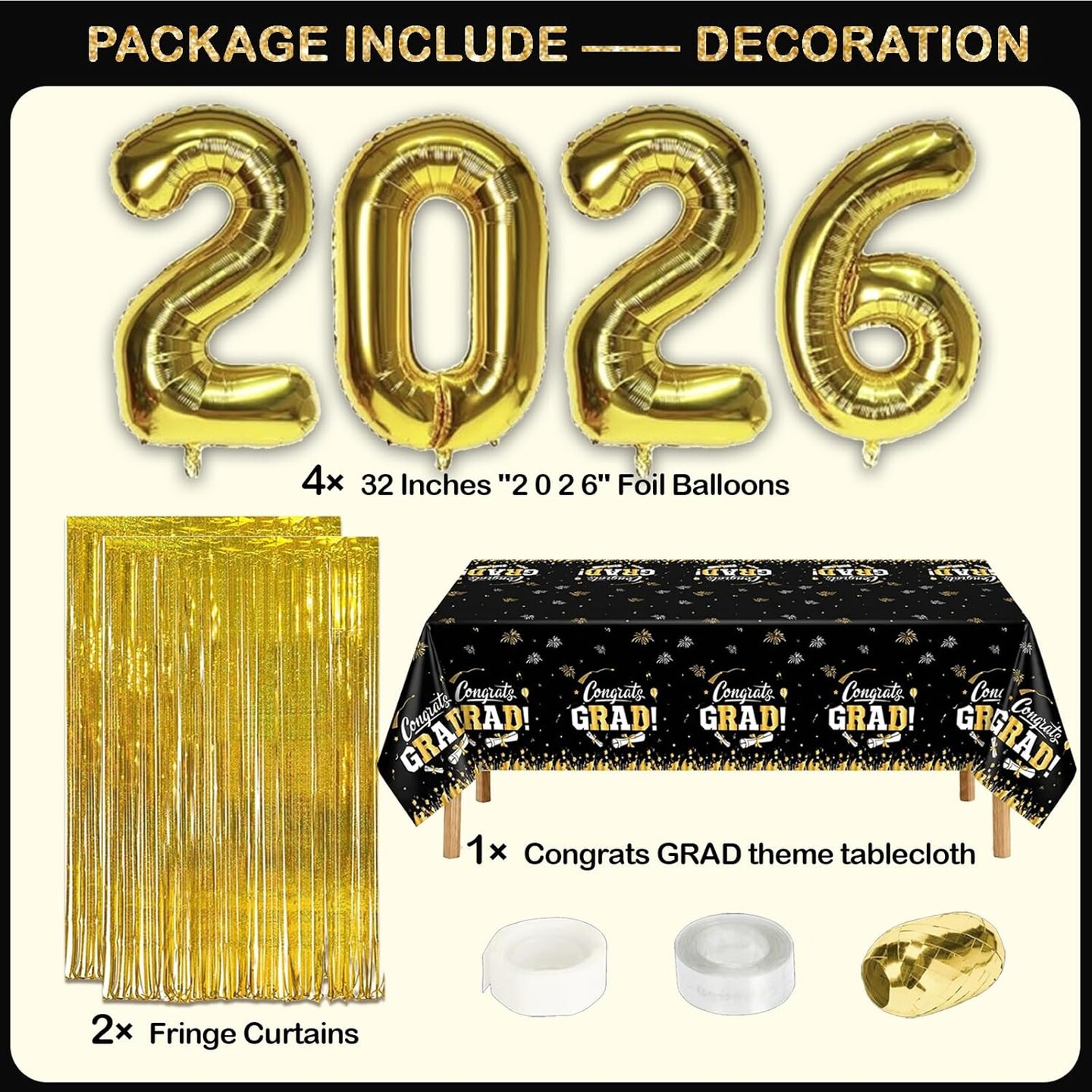 93Pcs Black and Gold Graduation Decorations 2026 - All-in-One Party Kit with 2026 Balloon Boxes, Arch Garland, Fringe Curtains & Tablecloth - Class of 2026 Party Supplies for College and High School