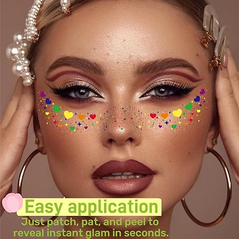 Glitter Freckles Rainbow Pride, 6-Pack Face Tattoo Sparkle Heart Freckles Makeup Patches for Face Rave Accessories (Pride Rainbow)