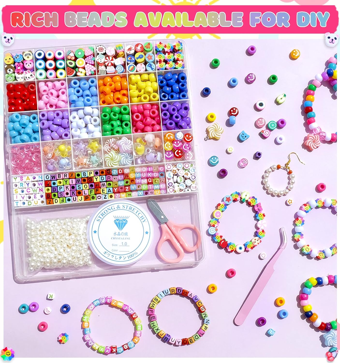 Bead Bracelet Making Kit, Friendship Bracelets Making Beads Kit, Pony Beads Charms Beads Clay Flower Letter Beads for Jewelry Making Kit, DIY Arts and Crafts Gifts for Girls Age 6 7 8 9 10-12