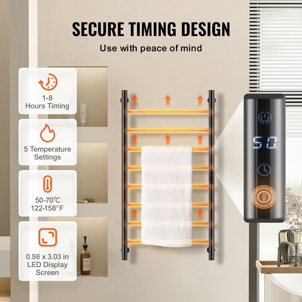 8-Bar Bathroom Heated Towel Rack, IPX5 Waterproof with Timer and LED Screen