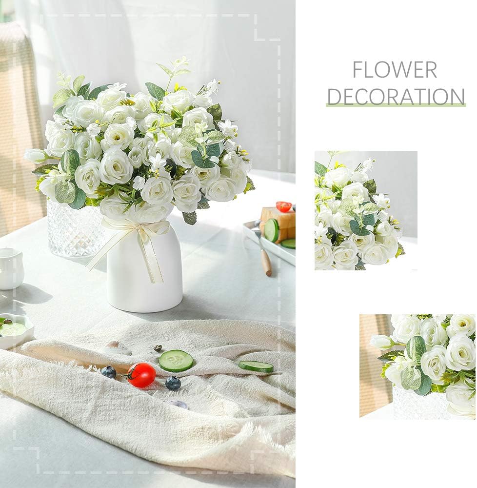 Elegant White Artificial Silk Rose Arrangement – Faux Flowers with Vase for Home, Office & Events