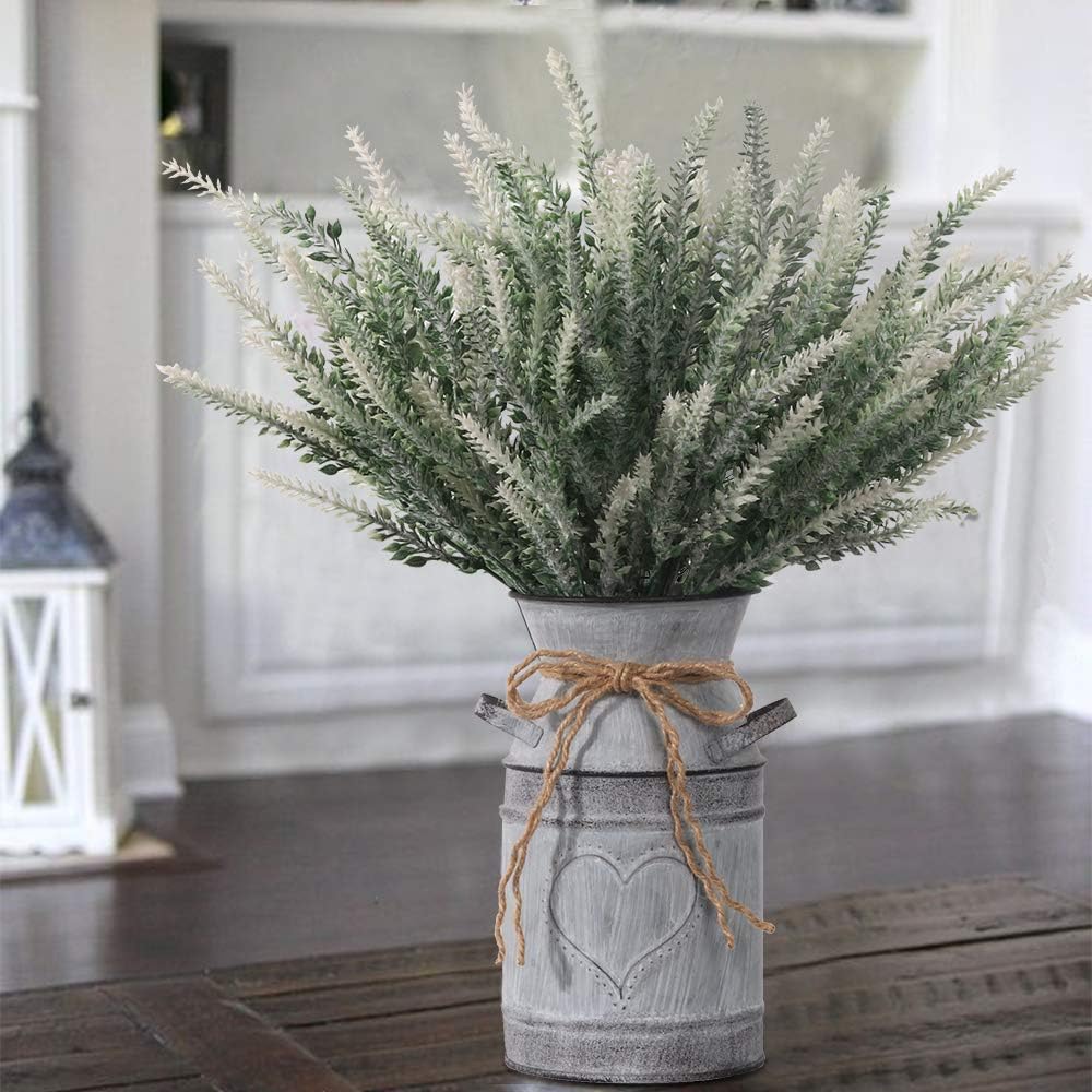 Rustic Artificial Lavender in Metal Vase – Vintage Farmhouse Décor for Home & Office