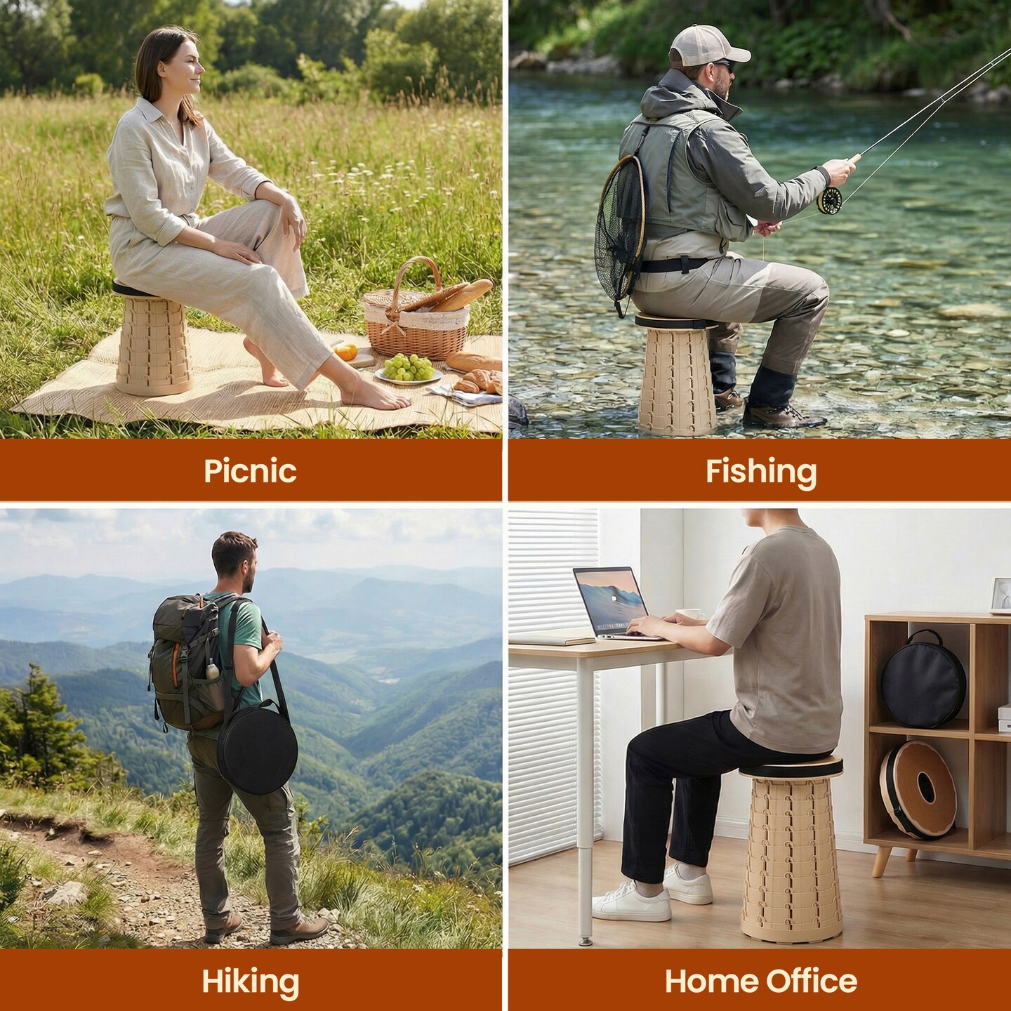 Gardenised Collapsible Stool, Telescopic Adjustable Round Seat for Picnic Camping Fishing Hiking Travel and Outdoor Events with Compact Cylindrical Extendable Design