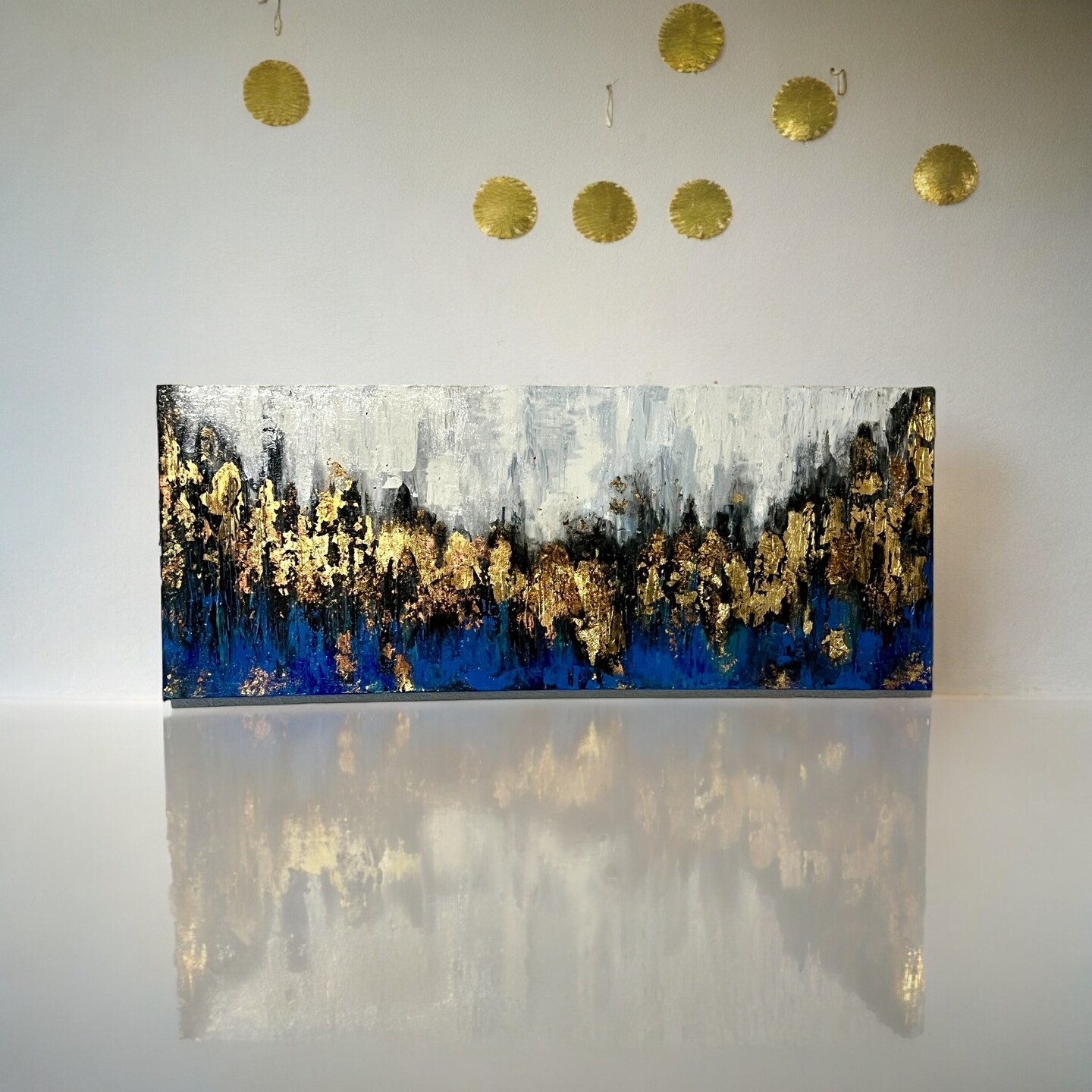 Blue Gold Copper Horizon- Abstract Mixed Media Painting 36x16