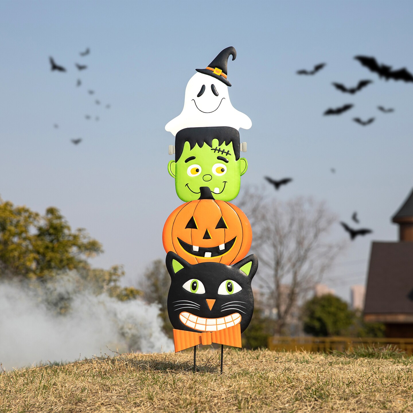 42.5&#x22;H Halloween Metal Stacked Ghost, Frankenstein, Black Cat &#x26; Pumpkin Yard Stake or Hanging Decor (KD, Two function)