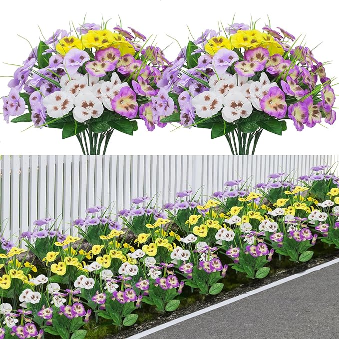 12 Bundles Artificial Pansy Flowers Indoor Outdoor Decor Mixed Color Silk Flowers for Window Box Porch Home Garden Wedding Farmhouse Decor