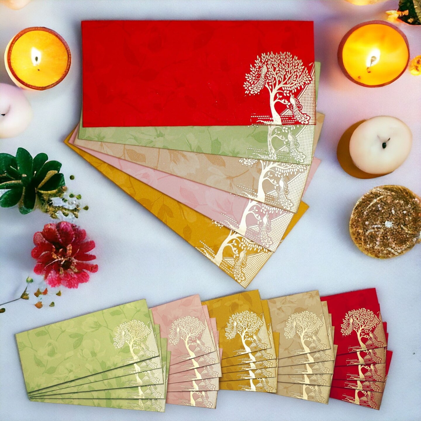 Shagun Gift Envelopes Assorted Color Peacock Tree Design Money Holder Fancy Packet Lifafa Money Envelope for Cash Gifts Christmas Diwali Easter Birthday Wedding Eid (set of 25/50/100)