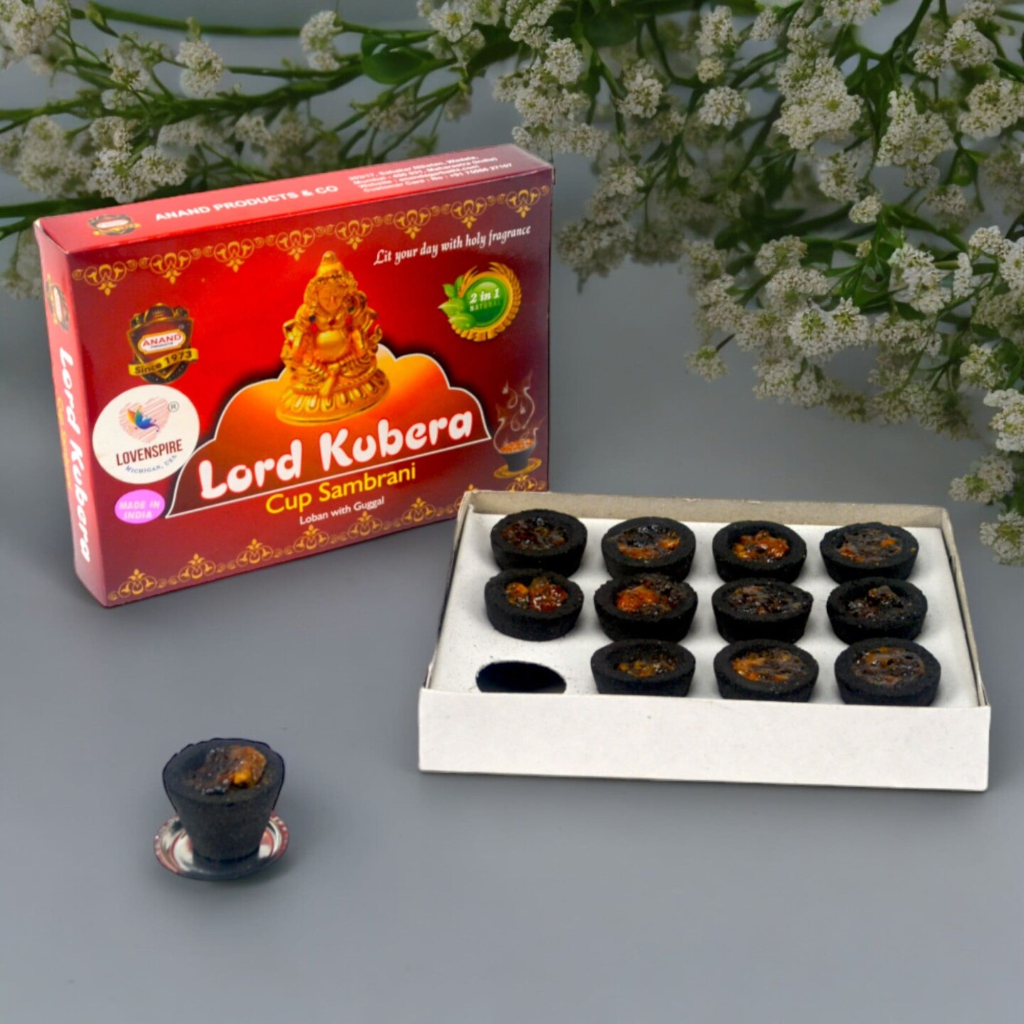 Sambrani Dhoop Cup with Burner Plate Guggal Loban Incense Black Long Lasting Aroma for Prayer Puja Meditation Spiritual Events Dhoopam for Havan Rituals - Natural Fragrance (12 Cups)