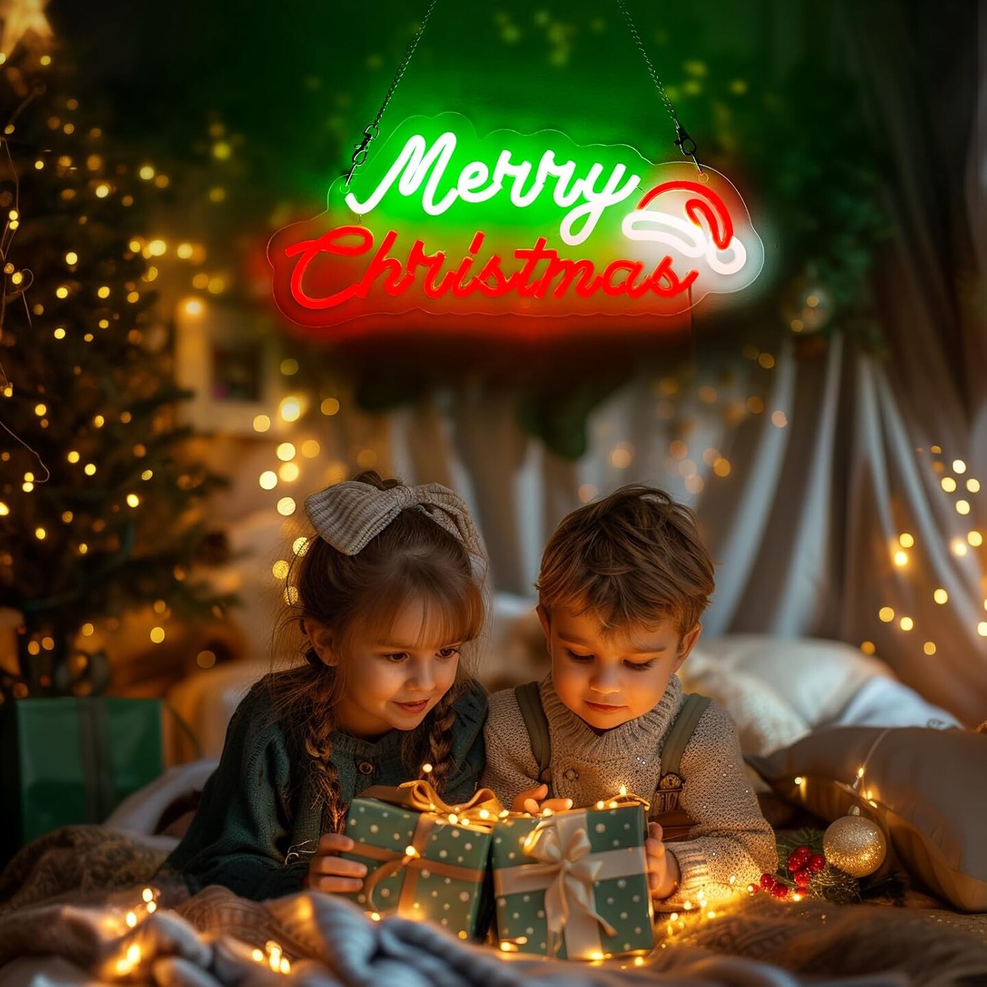 Merry Christmas Neon Sign, Dimmable Christmas LED Neon Light Sign USB Powered Green and Red, Christmas Indoor Decoration for Children Kids Bedroom Party Home Gift, 16.3&#x201D; W x 7.1&#x201D; H