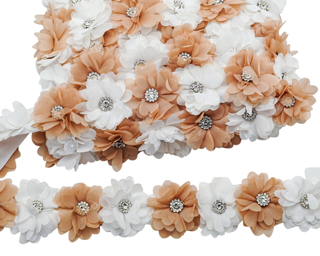 2" x 10 Yards Tan and White 3D Flower Rhinestone Organza Trim