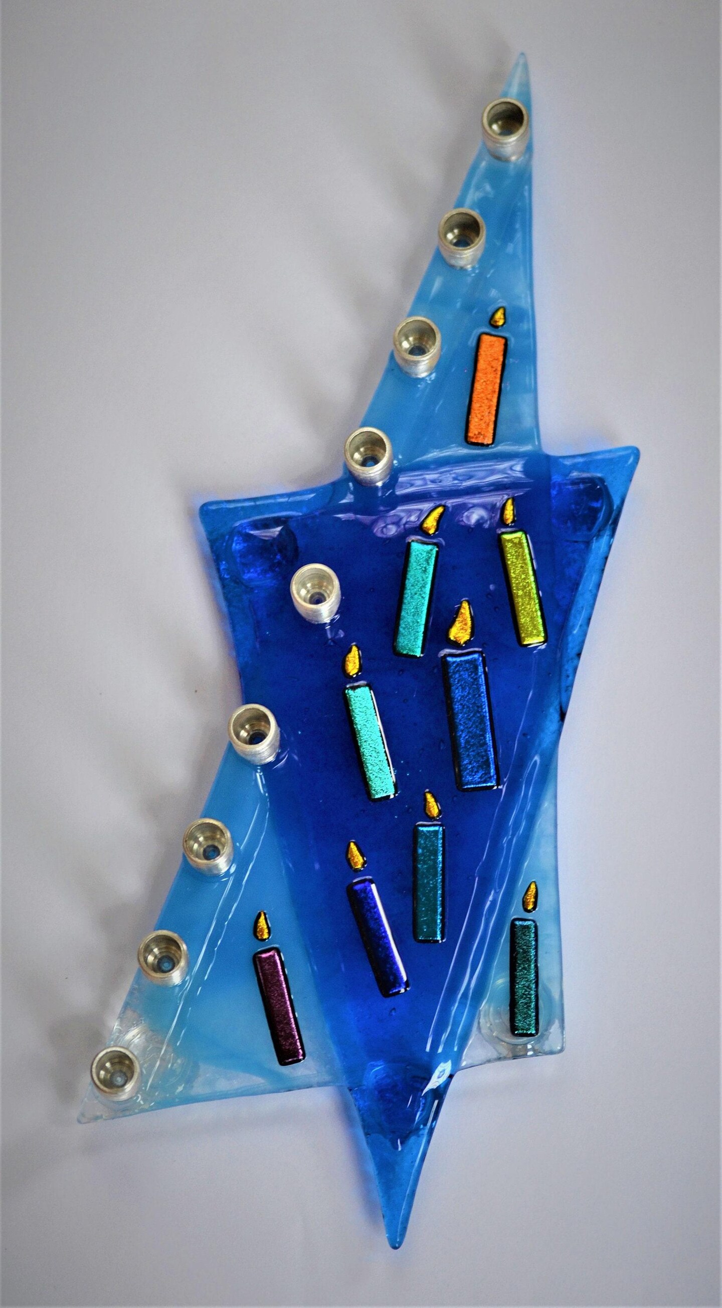 Blue Star of David glass fused menorah, kosher menorah, Jewish art wedding gift, Hanukkah gift, fun menorah by Yafitglass product 4