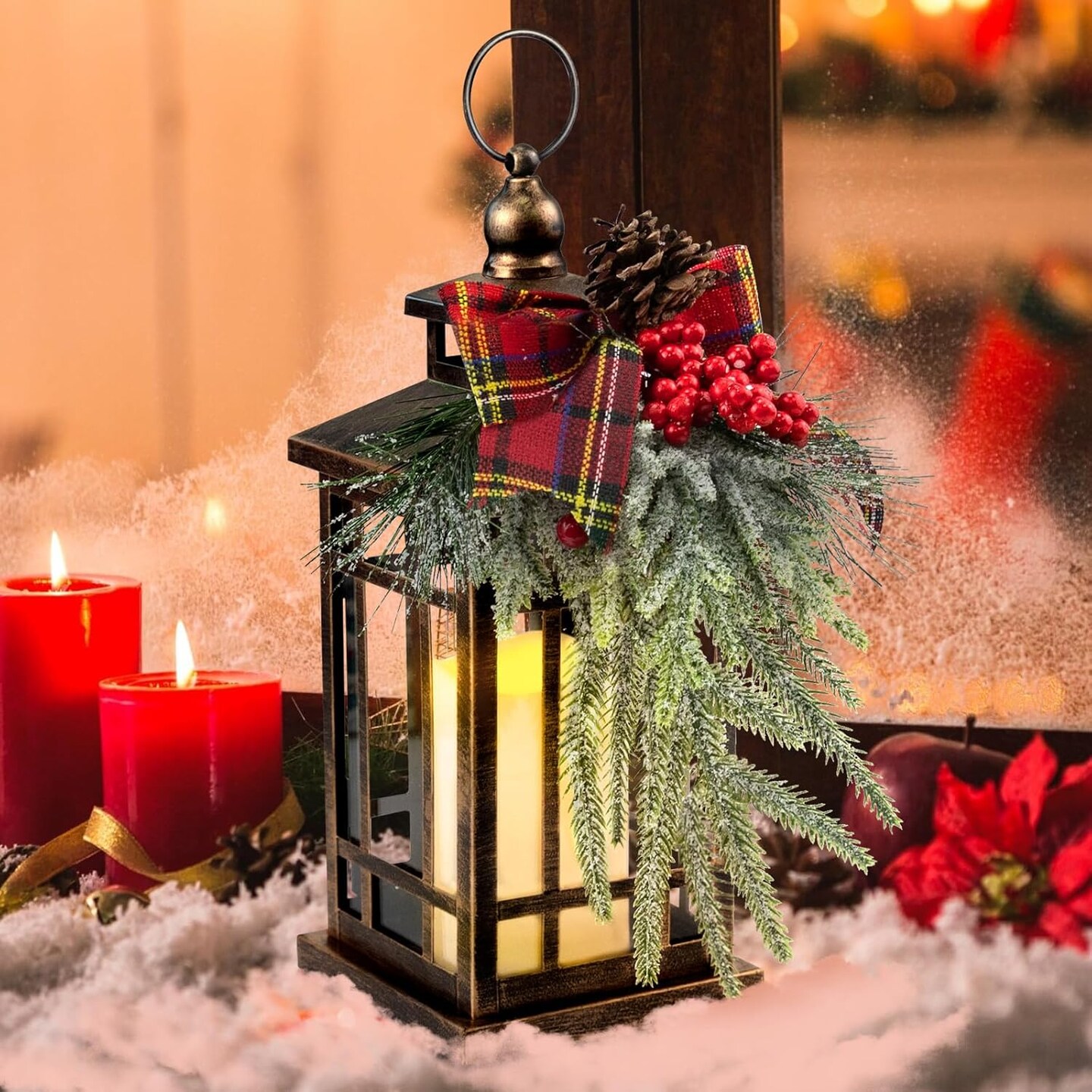 Christmas Lanterns Decorative Indoor with LED Candle Christmas Centerpieces Table Decor ,14IN Outdoor Christmas Vintage Lantern with Xmas Ornament for Home Indoor Holiday Party Decorations