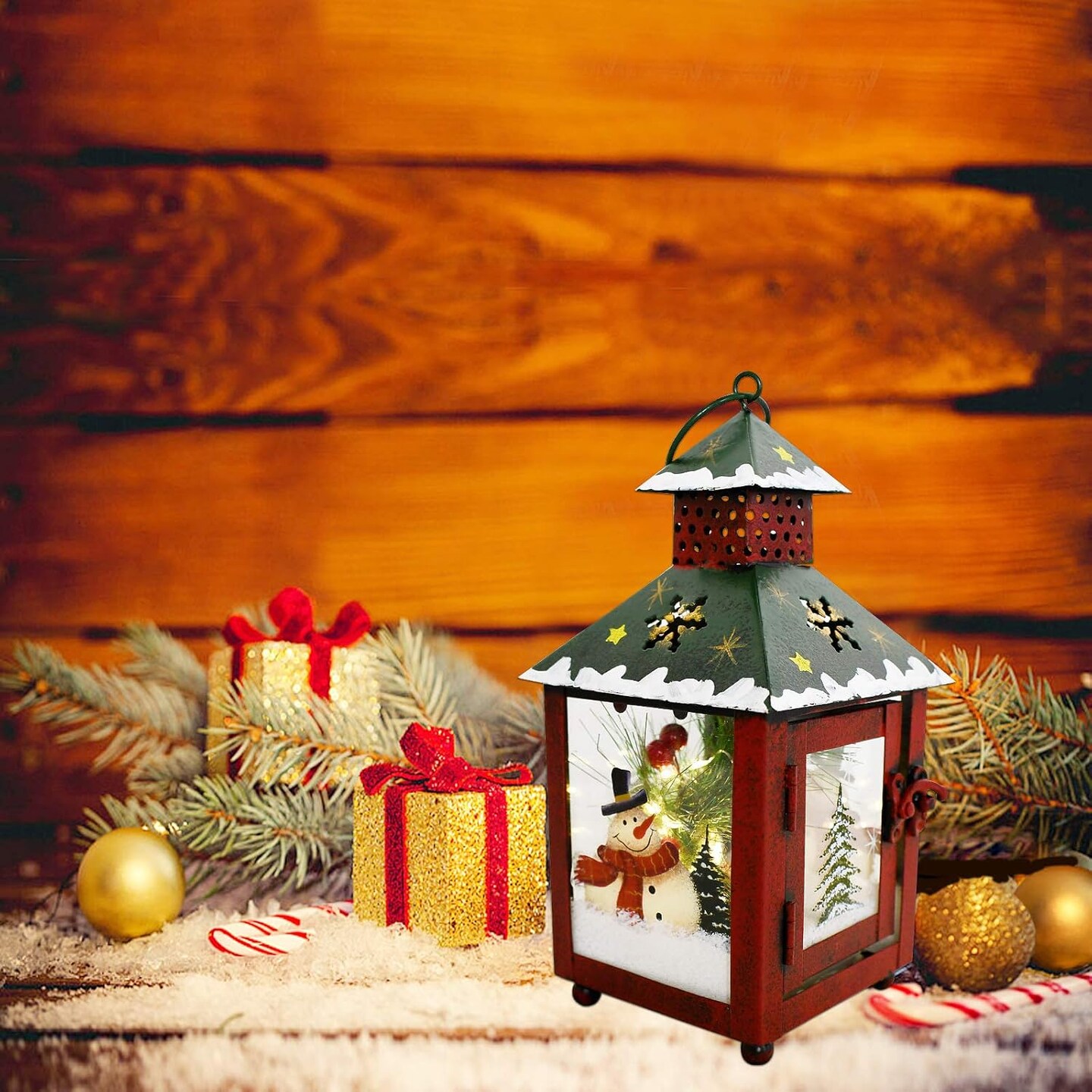 Christmas Lantern Outdoor with LED Lights Metal Christmas Lanterns Table Top Decoration Metal Hanging Lantern Hanging Christmas Lantern Yard Decor Seasonal Xmas Lantern Decor with Snowman