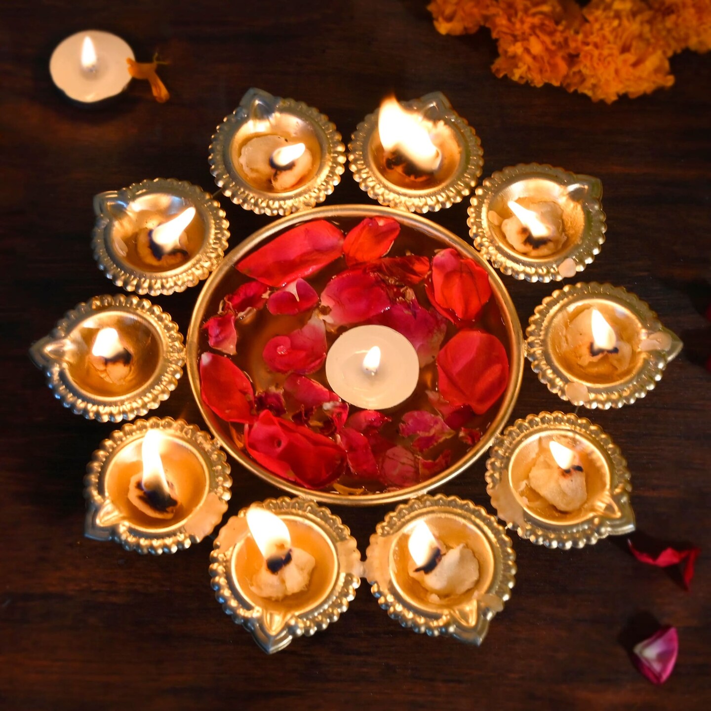 Urli Bowl Brass Finished Diya Shape Flower Decorative Urli Bowl for Floating Flowers Tea Light Candles Home Office Table Decor Diwali Decoration Indian Showpiece Items (10 Diyas)