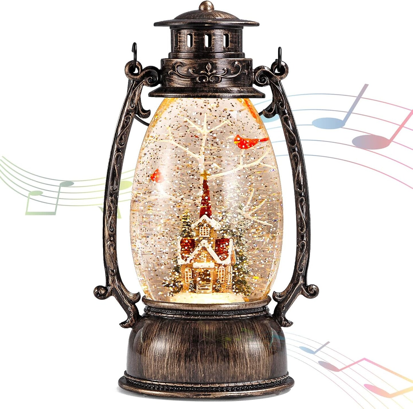 Christmas Snow Globe Lantern, Christmas Village Church Scene Lighted Snow Globes Musical with Swirling Glitter, Battery Powered Christmas Decorations Indoor for Home