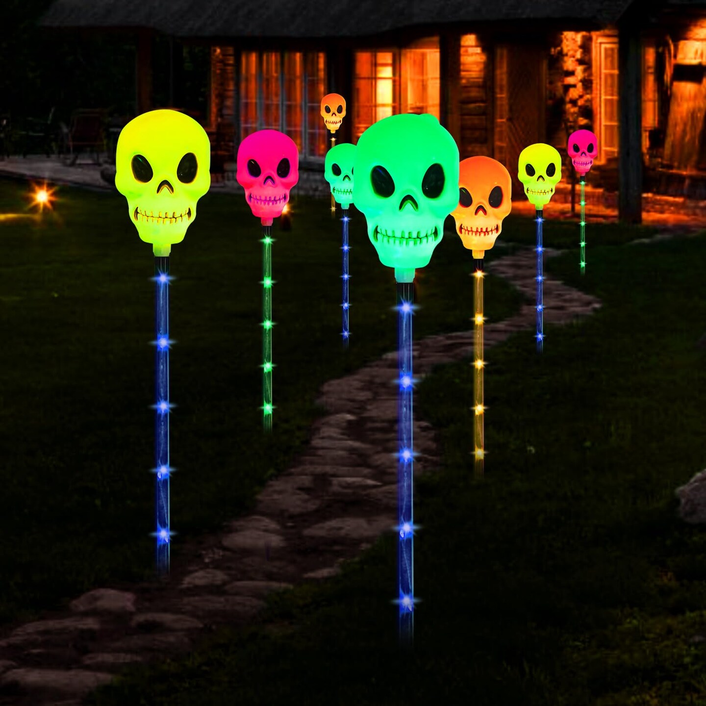 Aovciust Halloween Decorations Outdoor 4-Set Solar Pathways Lights with Multi-Color Waterproof Skull Lights for Halloween Decorations Outside Skeleton Halloween Decor for Yard Garden Walkway Lawn