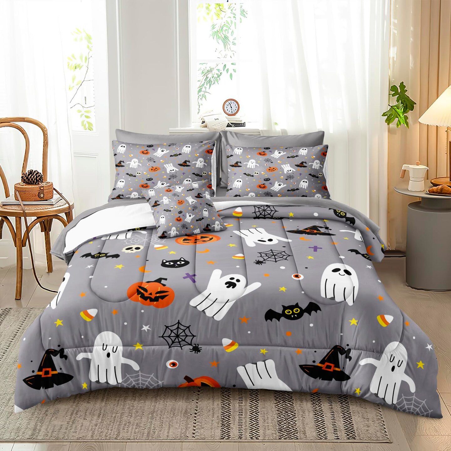 Bedbay Cartoon Pumpkin and Ghost Queen 8 Pcs Bed in a Bag Halloween Cute Bedding Sets for Kids Boys Teen Soft Lightweight Comforter Set (Grey Queen)