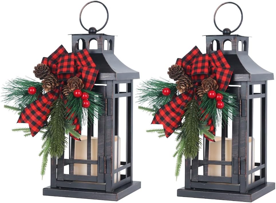 2Pack Christmas Decorations Indoor, Outdoor Christmas Led Lanterns Decorative for Table Centerpieces, Vintage Metal Hanging Candle Holder, Home Decor, Wedding, Party, Living Room, Patio, Porch